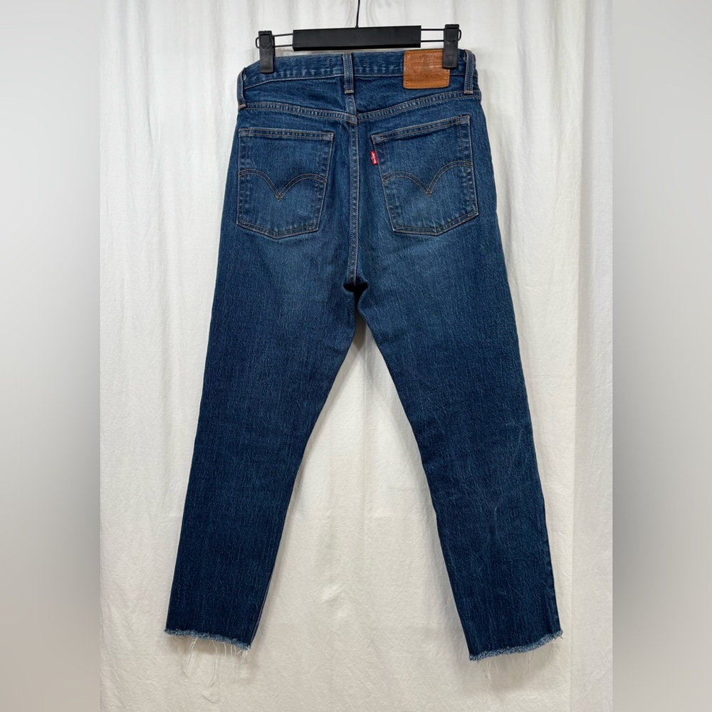 Levis Premium Wedgie Jeans Womens Size 26 Button Fly Blue Dark Wash Raw Hem
